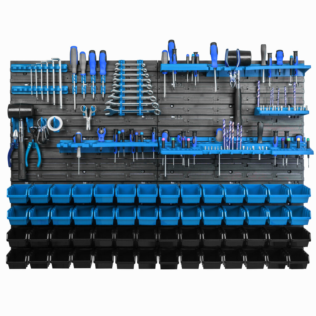 Sandėliavimo sistemos sieninė lentyna 115x78cm, įrankių laikikliai, 56 vnt. kaina ir informacija | Įrankių dėžės, laikikliai | pigu.lt