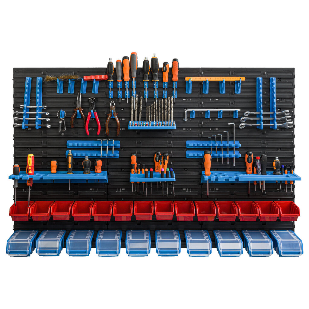 Sieninė lentyna 117 x 78 cm 24 dėžės kaina ir informacija | Įrankių dėžės, laikikliai | pigu.lt