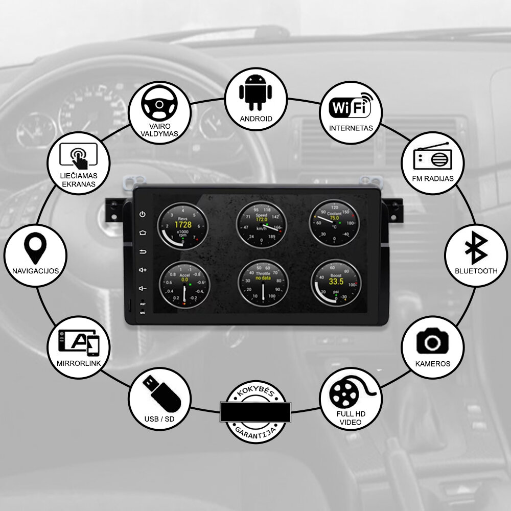 BMW 3 (E46) 1998-06 Android multimedija plančetės tipo 9 colių цена и информация | Automagnetolos, multimedija | pigu.lt