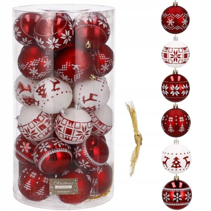 Kalėdinių eglės žaisliukų rinkinys - raudonos spalvos, 30vnt kaina ir informacija | Kalėdinės dekoracijos | pigu.lt