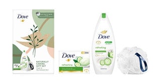 Подарочный косметический набор для женщин Dove Body care gift set: гель для душа с ароматом огурца и зеленого чая Refreshing 250 мл + освежающее твердое кремовое мыло с ароматом огурца и зеленого чая 100 г + мочалка цена и информация | Мыло | pigu.lt