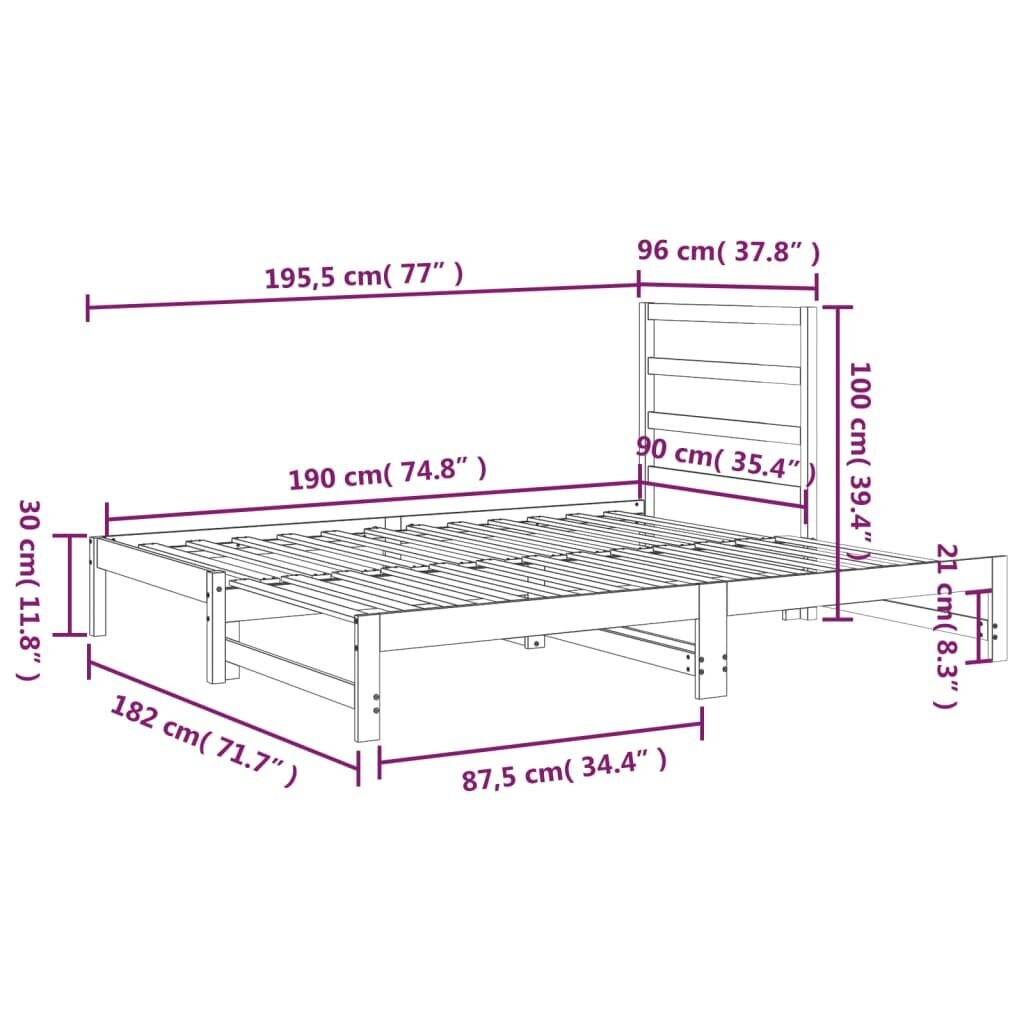 Ištraukiama lova, Pušies medienos masyvas, 2x(90x190)cm, balta kaina ir informacija | Lovos | pigu.lt