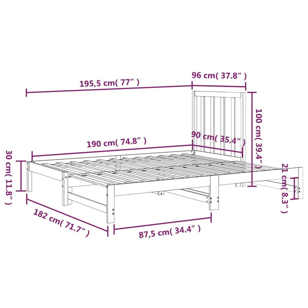 Ištraukiama lova, Pušies medienos masyvas, 2x(90x190)cm, pilka kaina ir informacija | Lovos | pigu.lt