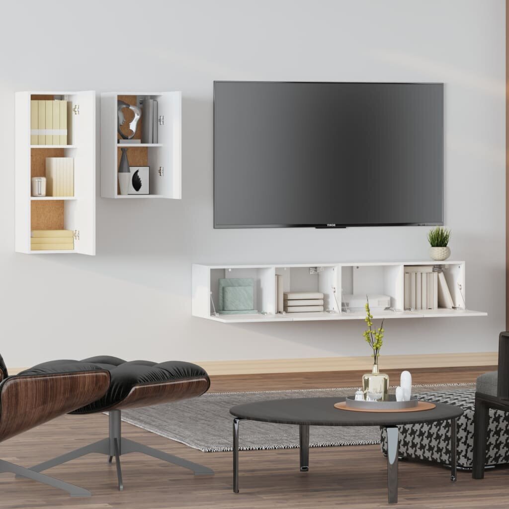 Televizoriaus spintelių komplektas, Mediena, 4 dalių, balta kaina ir informacija | TV staliukai | pigu.lt