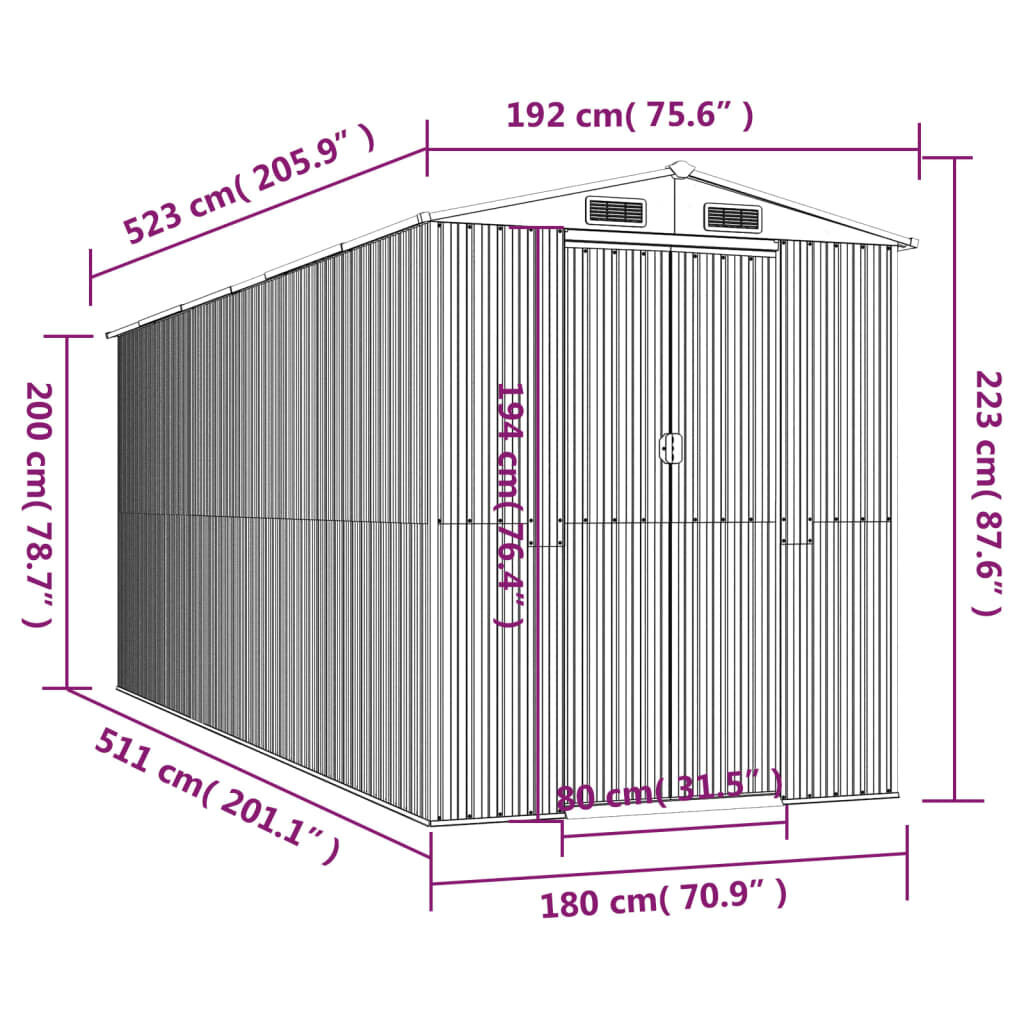 Sodo pašiūrė, Galvanizuotas plienas, 192x523x223cm, antracito spalva kaina ir informacija | Sodo nameliai, malkinės, pastogės | pigu.lt