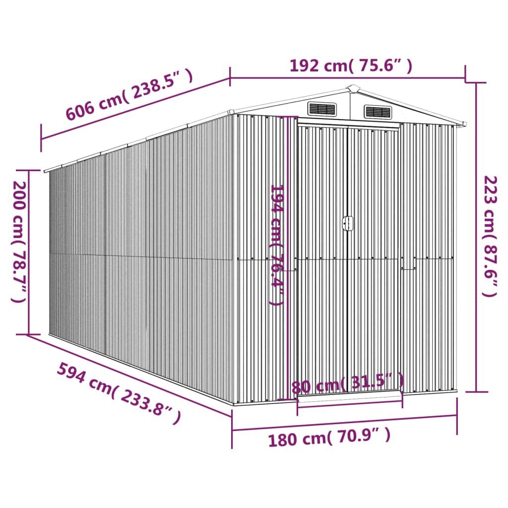 Sodo pašiūrė, Galvanizuotas plienas, 192x606x223cm, antracito spalva kaina ir informacija | Sodo nameliai, malkinės, pastogės | pigu.lt