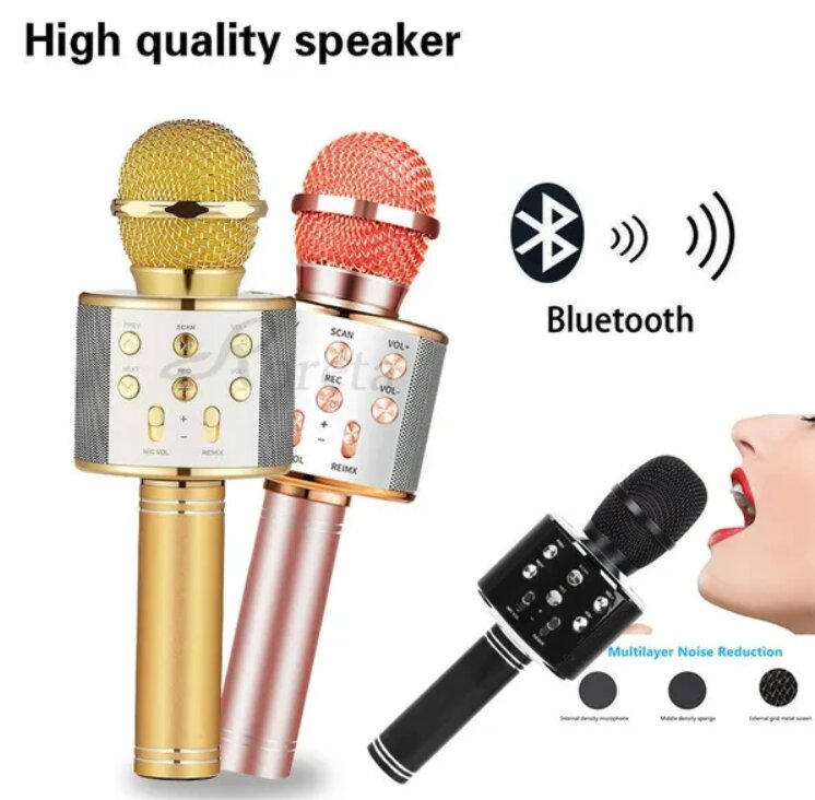 WS-858 belaidis karaoke mikrofonas- Bluetooth rankinis garsiakalbis, auksinis цена и информация | Mikrofonai | pigu.lt