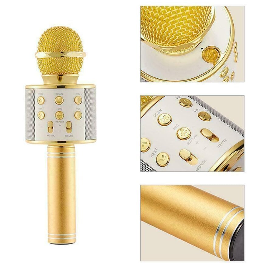 WS-858 belaidis karaoke mikrofonas- Bluetooth rankinis garsiakalbis,  auksinis kaina | pigu.lt