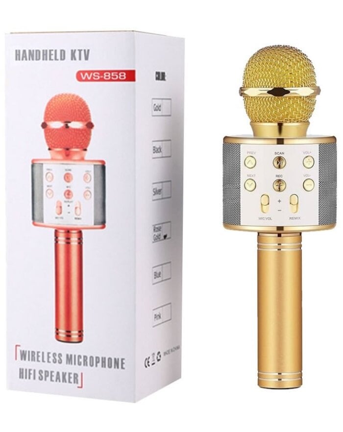 WS-858 belaidis karaoke mikrofonas- Bluetooth rankinis garsiakalbis, auksinis цена и информация | Mikrofonai | pigu.lt