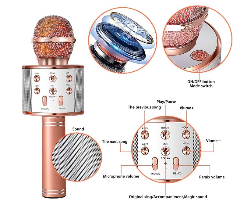 WS-858 belaidis karaoke mikrofonas- Bluetooth rankinis garsiakalbis, rožinis auksas цена и информация | Mikrofonai | pigu.lt