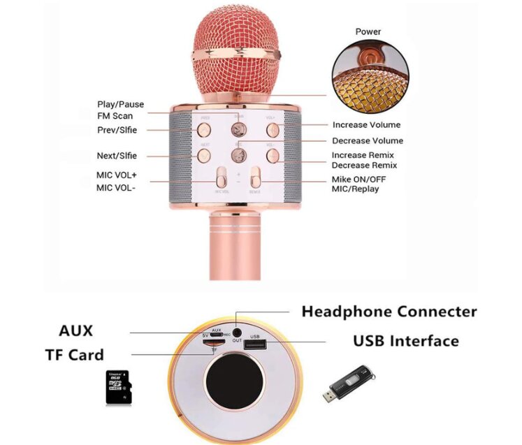 WS-858 belaidis karaoke mikrofonas- Bluetooth rankinis garsiakalbis, rožinis auksas цена и информация | Mikrofonai | pigu.lt