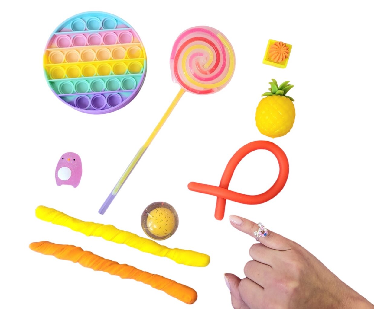 Žaislų rinkinys nykštukams 10 vnt., žiedelis, šviečiantis lollipop, tampomi minkomi fidget žaislai, spaudžiamas ananasas цена и информация | Kitos originalios dovanos | pigu.lt