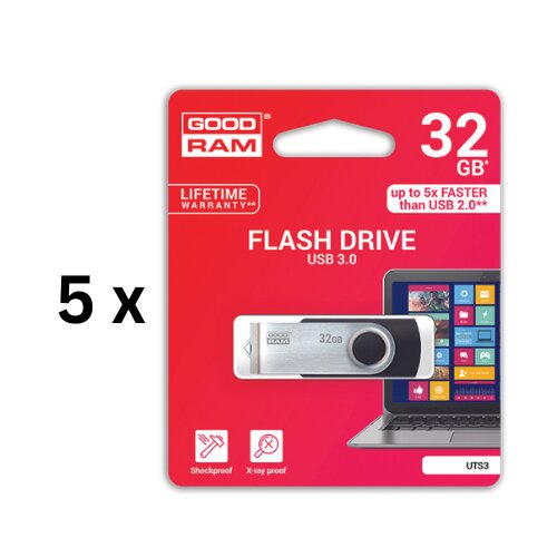 Atmintinė USB 3.0 GOODRAM UTS3 32GB, juoda sp. pakuotė 5 vnt. kaina ir informacija | USB laikmenos | pigu.lt