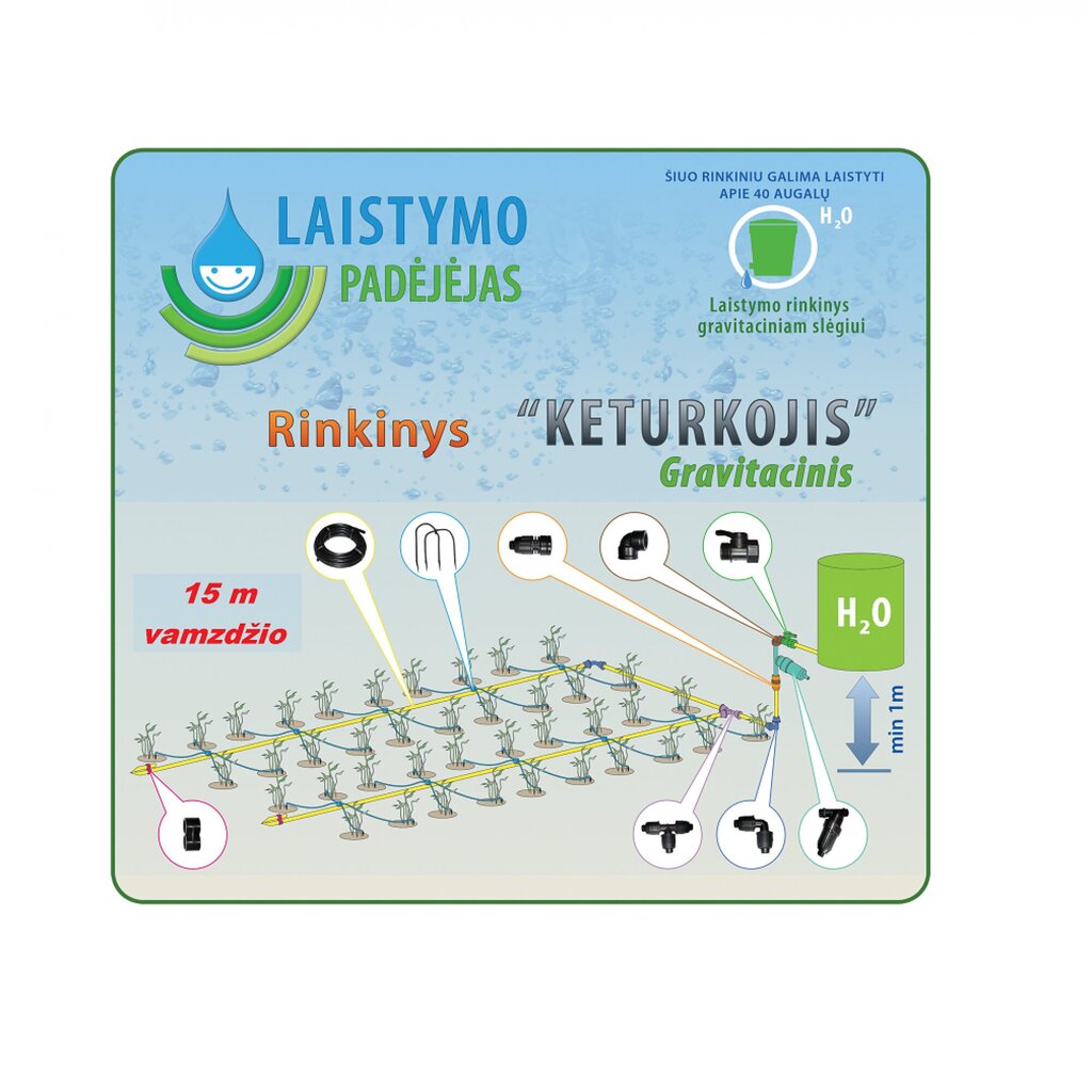 Šiltnamio laistymo sistema Keturkojis, 15 m kaina ir informacija | Laistymo įranga, purkštuvai | pigu.lt