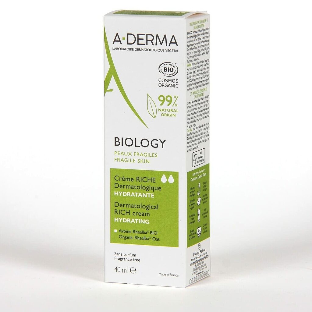 Drėkinamasis veido kremas A-Derma Biology, 40 ml цена и информация | Veido kremai | pigu.lt