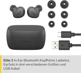 „Jabra Elite 3“ ausies „Bluetooth“ ausinėse - tikros belaidės ausinės su triukšmo izoliacija ir 4 integruoti mikrofonai - skaidrūs skambučiai, galingas bosas, pritaikomas garsas ir monovo režimas - tamsiai pilka kaina ir informacija | Ausinės | pigu.lt