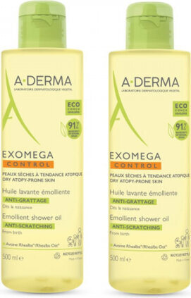 Dušo gelis A-Derma Exomega Control Emollient Shower Oil sausai odai, 2 x 500 ml kaina ir informacija | Dušo želė, aliejai | pigu.lt