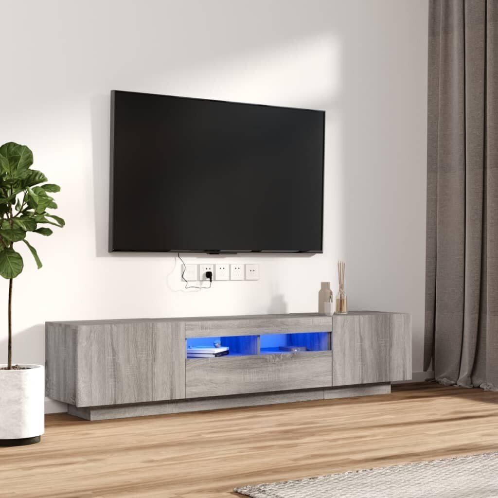 TV spintelių komplektas su LED, Mediena, 2 dalių, pilka ąžuolo spalva kaina ir informacija | TV staliukai | pigu.lt