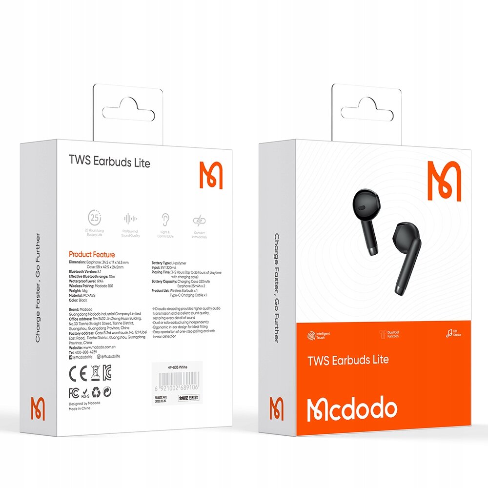 "Mcdodo" telefono ausinės, belaidės, į ausis, su dėklu, "Bluetooth 5", baltos spalvos kaina ir informacija | Ausinės | pigu.lt