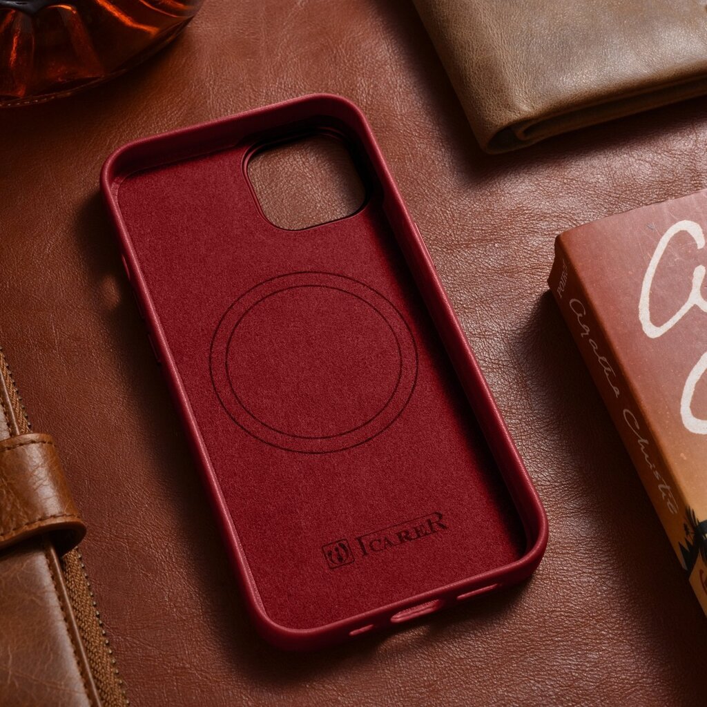 iCarer Leather iPhone 14 red (WMI14220705-RD) (MagSafe Compatible) kaina ir informacija | Telefono dėklai | pigu.lt