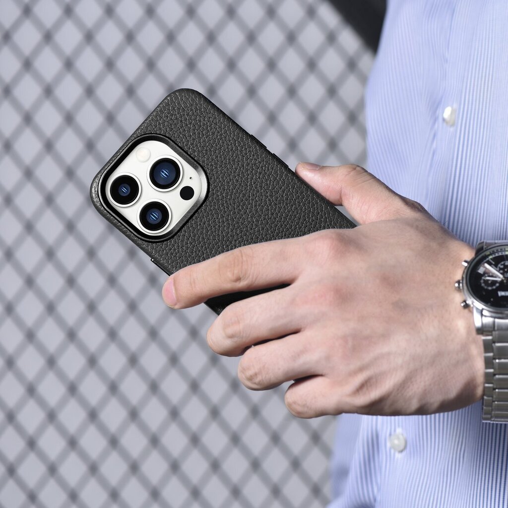 iCarer Litchi Leather iPhone 14 Pro Max Magnetic with MagSafe Black (WMI14220712-BK) kaina ir informacija | Telefono dėklai | pigu.lt