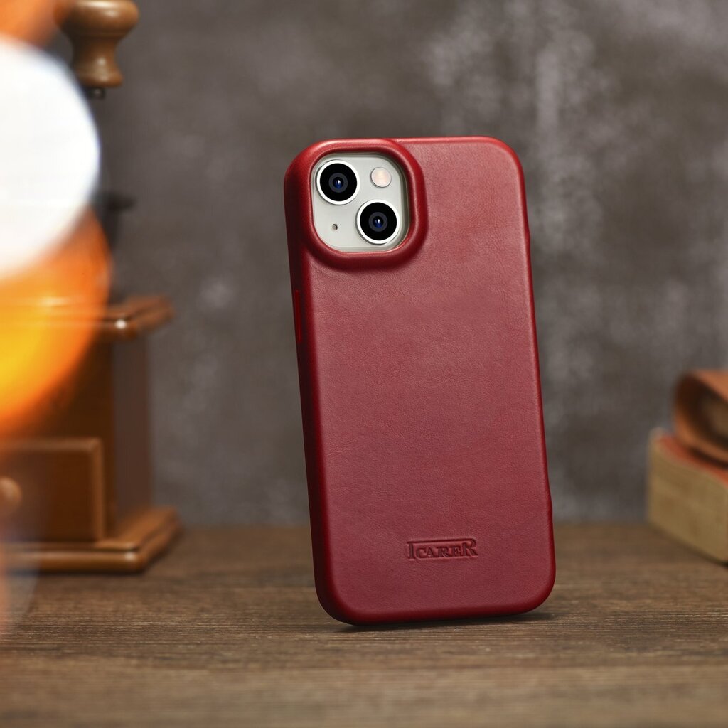 iCarer Leather iPhone 14 Plus Flip Magnetic MagSafe red (AKI14220707-RD) kaina ir informacija | Telefono dėklai | pigu.lt