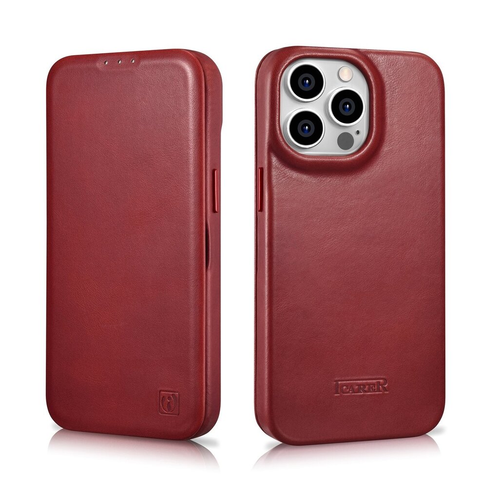 iCarer Leather iPhone 14 Pro Max Flip Magnetic MagSafe Red (AKI14220708-RD) kaina ir informacija | Telefono dėklai | pigu.lt