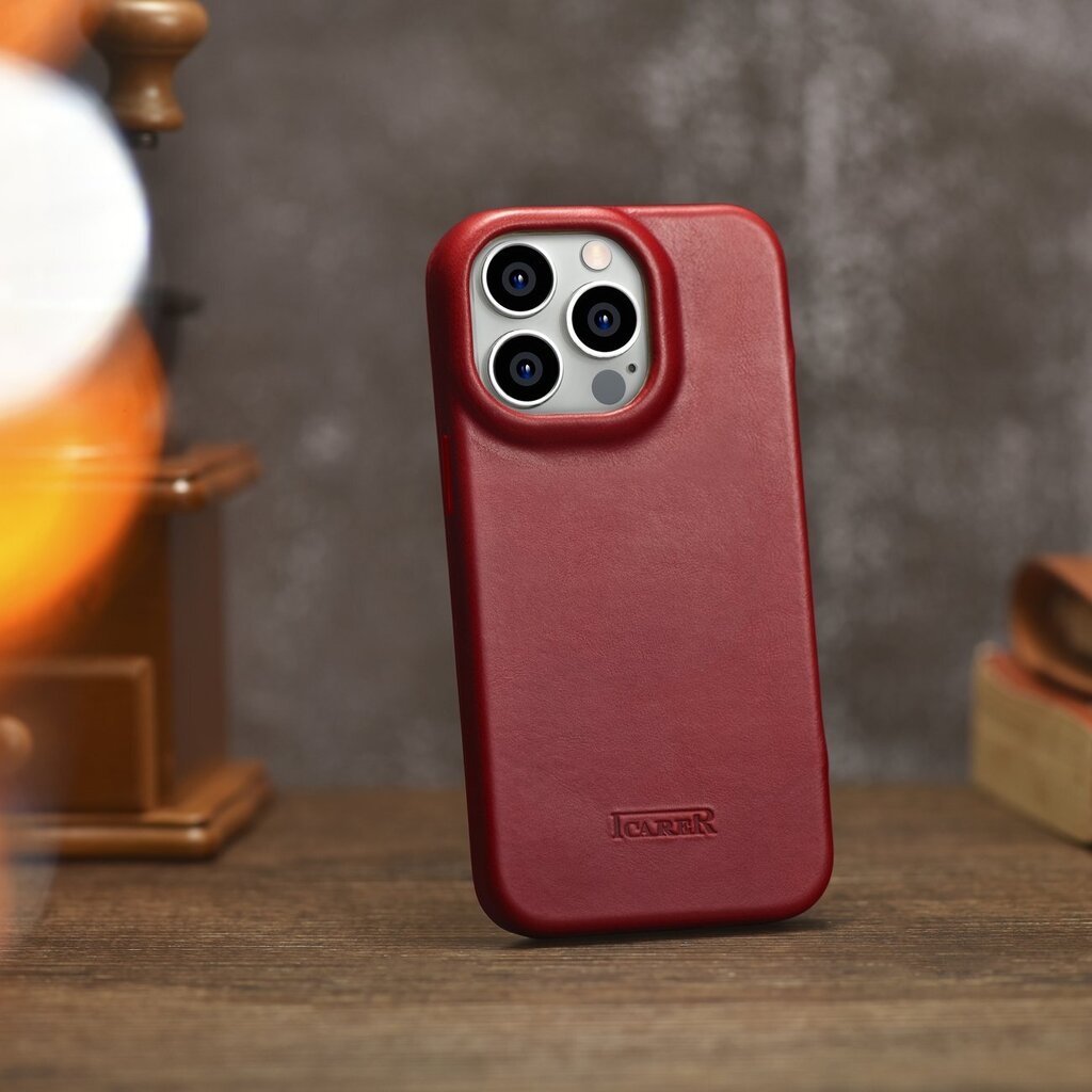 iCarer Leather iPhone 14 Pro Max Flip Magnetic MagSafe Red (AKI14220708-RD) kaina ir informacija | Telefono dėklai | pigu.lt