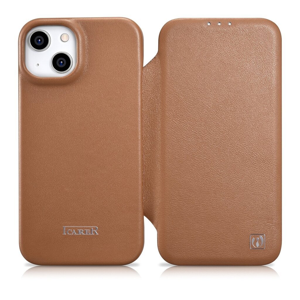 iCarer Leather iPhone 14 Flip Magnetic MagSafe Brown (WMI14220713-BN) kaina ir informacija | Telefono dėklai | pigu.lt