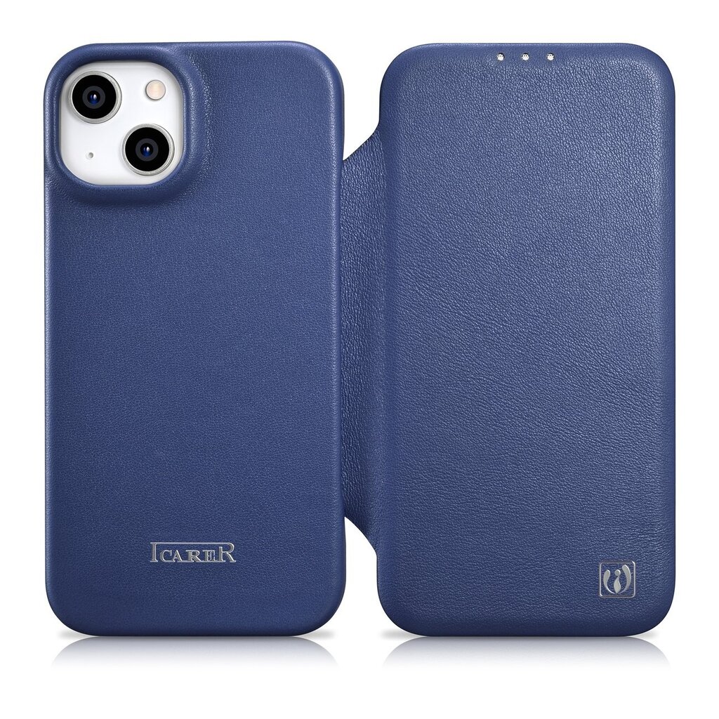 iCarer Leather iPhone 14 Plus Flip Magnetic MagSafe Blue (WMI14220715-BU) kaina ir informacija | Telefono dėklai | pigu.lt