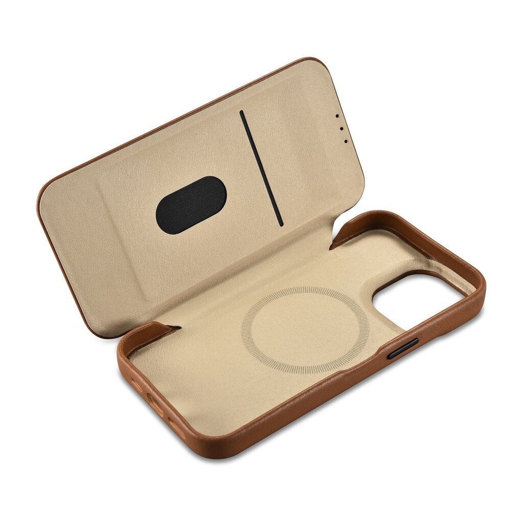 iCarer Leather iPhone 14 Pro Max Flip Magnetic MagSafe Leather Brown (WMI14220716-BN) kaina ir informacija | Telefono dėklai | pigu.lt