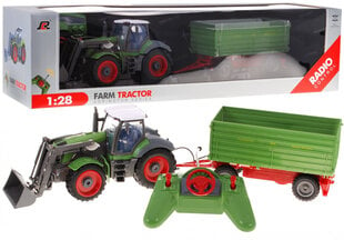 Nuotoliniu būdu valdomas traktorius su priekaba, 1:28, žalias kaina ir informacija | Žaislai berniukams | pigu.lt
