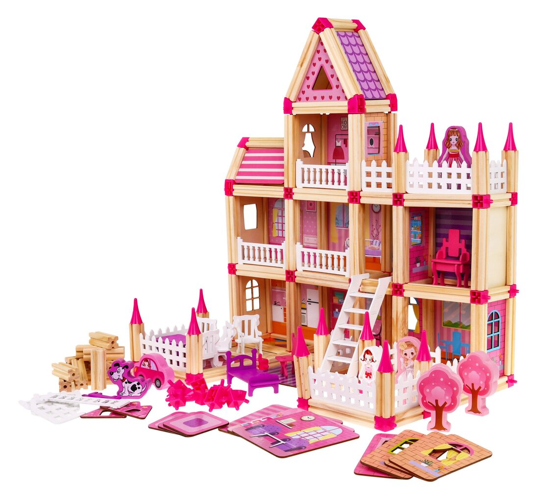 Medinių kaladėlių komplektas - namas, 298 d. kaina ir informacija | Žaislai mergaitėms | pigu.lt