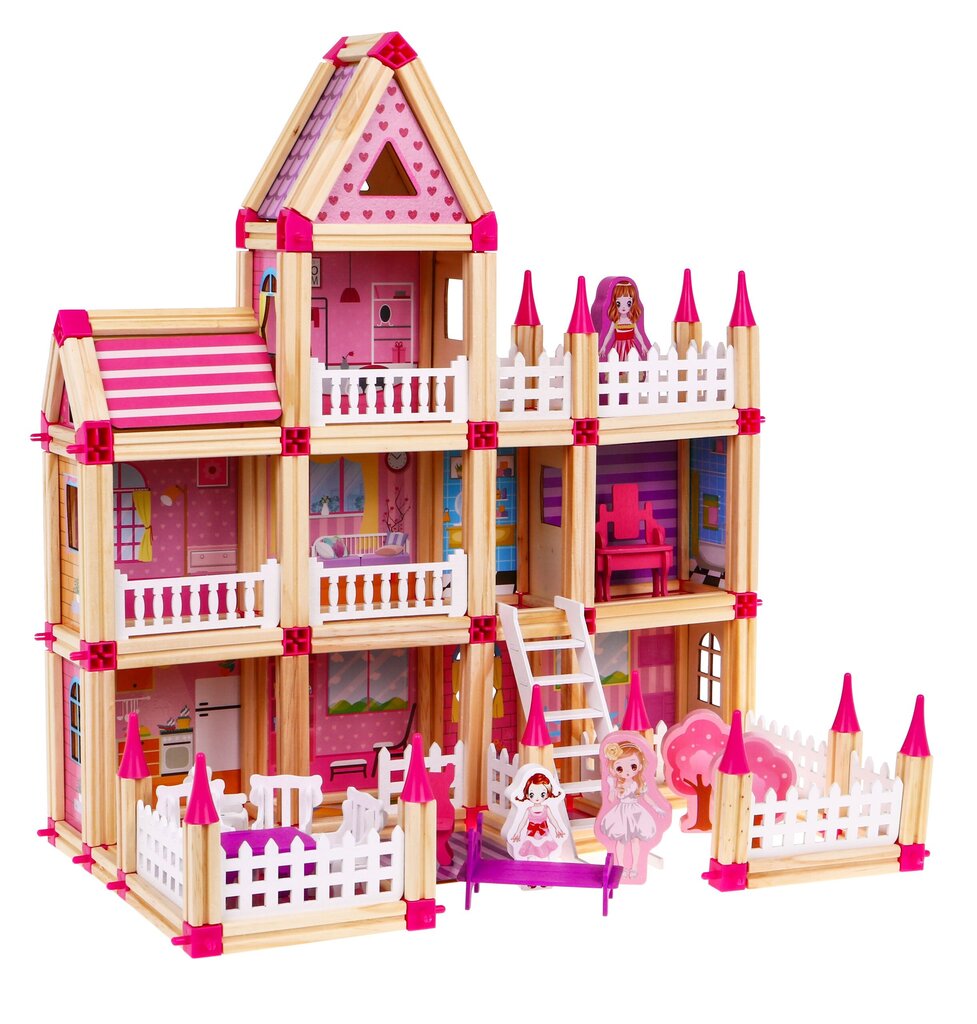 Medinių kaladėlių komplektas - namas, 298 d. kaina ir informacija | Žaislai mergaitėms | pigu.lt