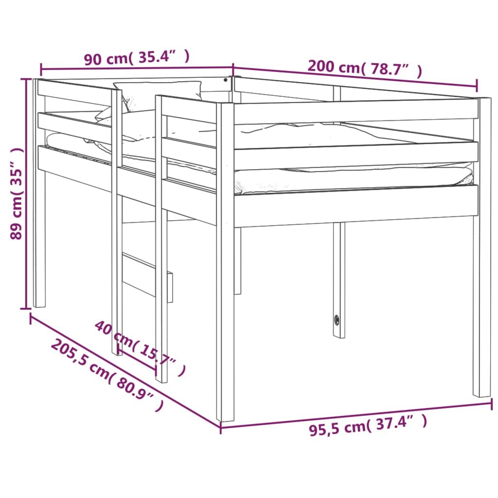 Aukšta lova, 90x200cm, pušies medienos masyvas kaina ir informacija | Lovos | pigu.lt