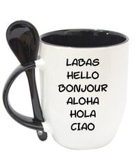 Puodelis su šaukšteliu Labas, Hello, Bonjour kaina ir informacija | Originalūs puodeliai | pigu.lt