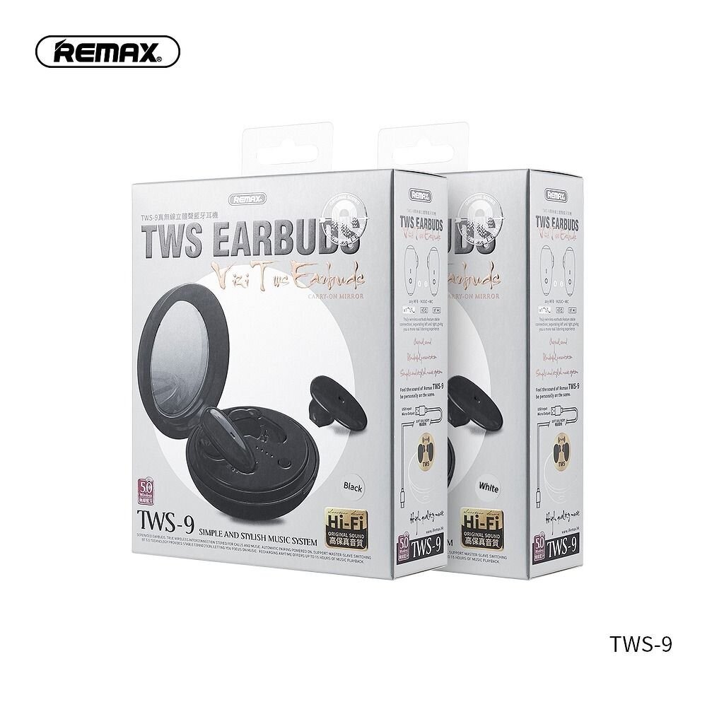 REMAX belaidės stereo ausinės TWS-9 su prijungimo stotele ir veidrodžiu - juodos kaina ir informacija | Ausinės | pigu.lt