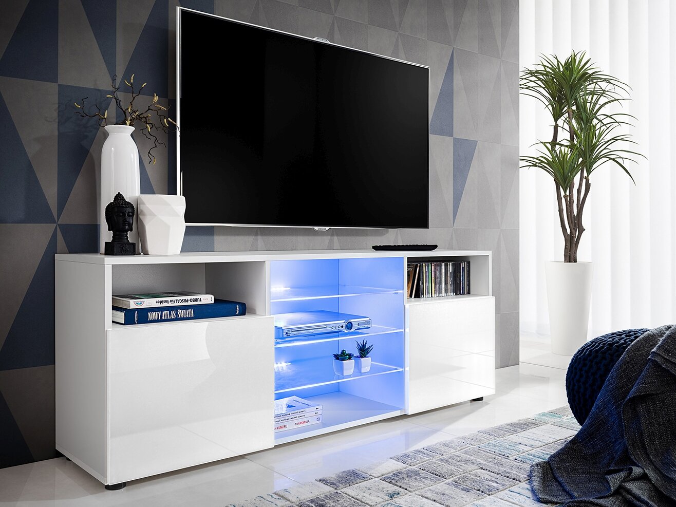 Svetainės spintelė su 3 stiklinėmis lentynomis ir 2 durelėmis, TV staliukai, Extreme Furniture, T38, Baltas karkasas ir balti priekiai kaina ir informacija | TV staliukai | pigu.lt