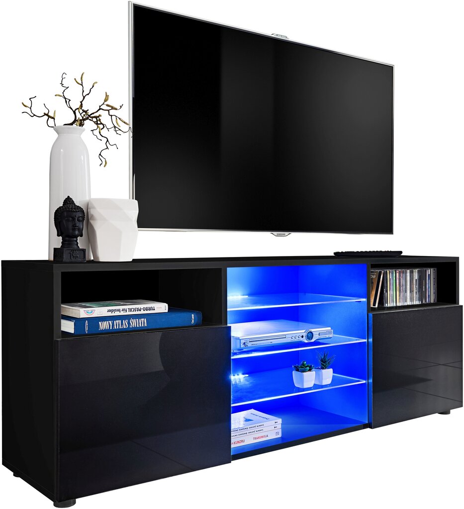 Svetainės spintelė su 3 stiklinėmis lentynomis ir 2 durelėmis, TV staliukai, Extreme Furniture, T38, Juodas karkasas ir juodi priekiai kaina ir informacija | TV staliukai | pigu.lt