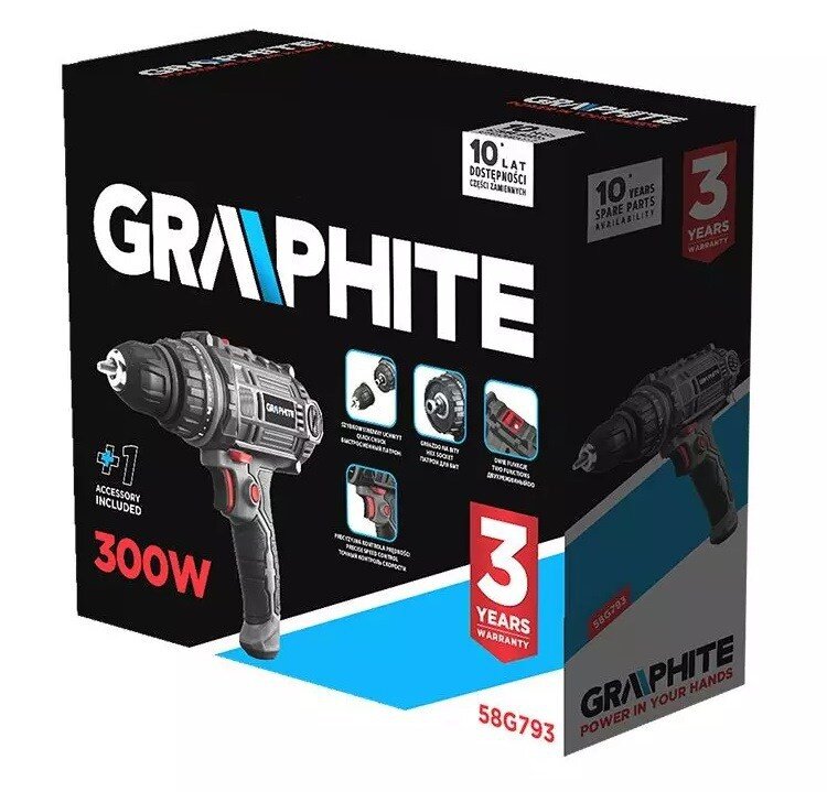 Mains drill/driver 300W Graphite 10mm self-clamping chuck with carrying case цена и информация | Suktuvai, gręžtuvai | pigu.lt