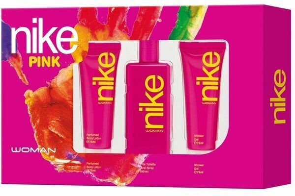 Kosmetikos rinkinys Nike Pink Woman EDT moterims: Tualetinis vanduo 100 ml + kūno losjonas 75 ml + dušo želė 75 ml kaina ir informacija | Kvepalai moterims | pigu.lt