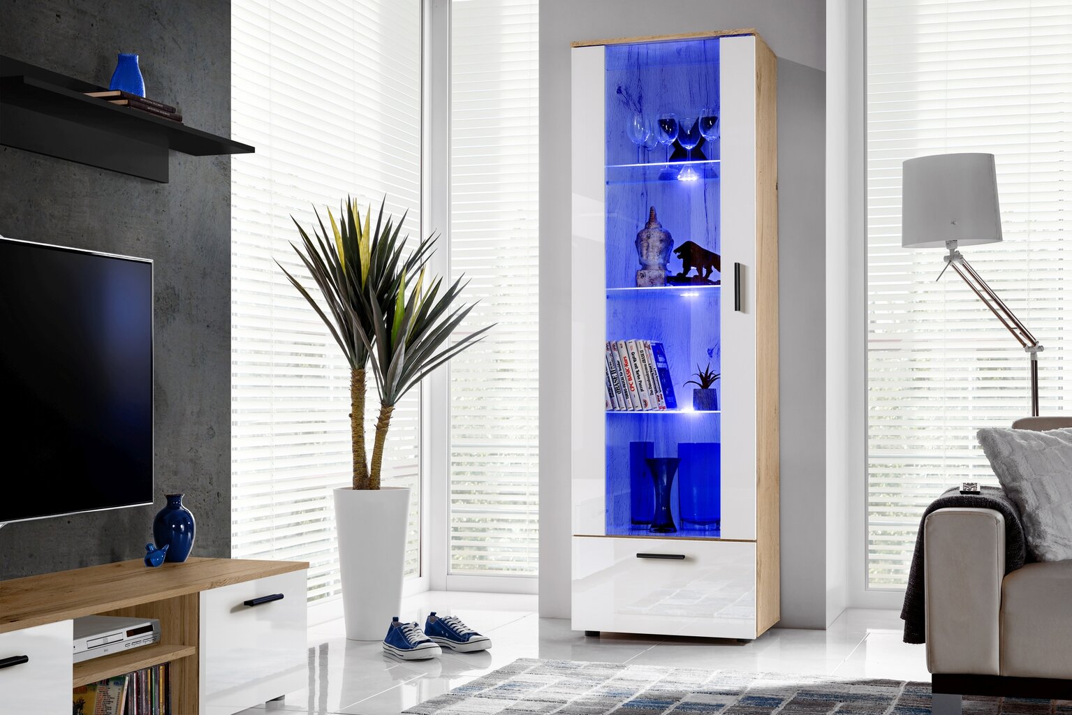 Svetainės stiklinė spinta su 3 stiklinėmis lentynomis ir 2 durelėmis, Vitrinos, Extreme Furniture T40, Wotan karkasas ir balti priekiai kaina ir informacija | Vitrinos, indaujos | pigu.lt