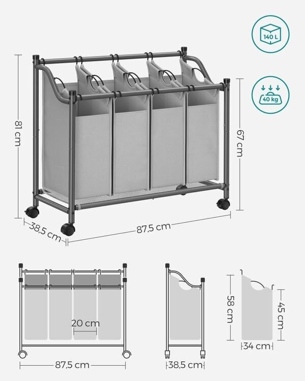 Songmics skalbinių krepšys 4 x 35 L kaina ir informacija | Pakabos, maišai drabužiams | pigu.lt