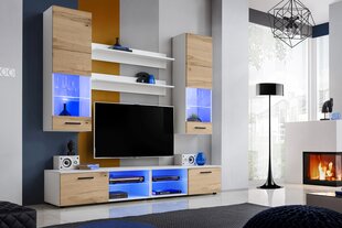 Svetainės baldai su 2 TV spintelėmis, 2 sieniniais blokais ir 2 lentynomis, Sekcija, Extreme Furniture, Vida, Baltas karkasas ir wotan priekiai kaina ir informacija | Sekcijos | pigu.lt