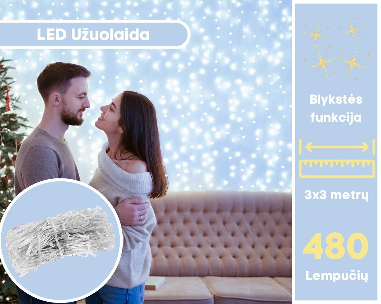 480 LED Girlianda - užuolaida + blykstė, šaltai balta цена и информация | Girliandos | pigu.lt