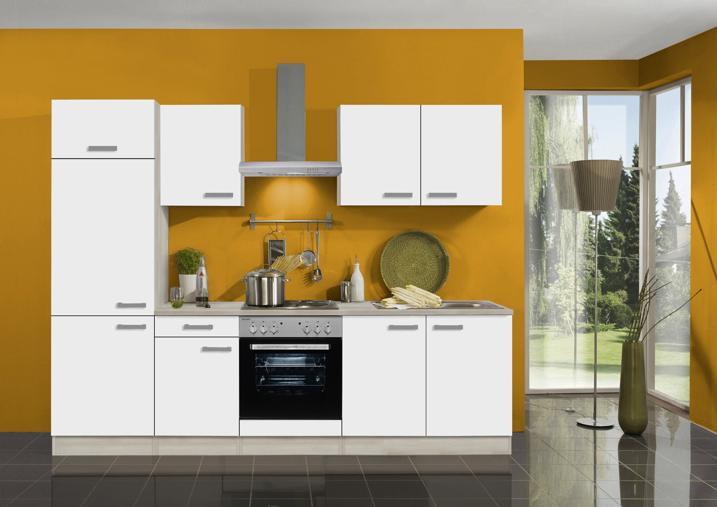 Virtuvinių spintelių komplektas Jaka Optikompakt Genf, 270 cm, baltas/rudas kaina ir informacija | Virtuvės baldų komplektai | pigu.lt