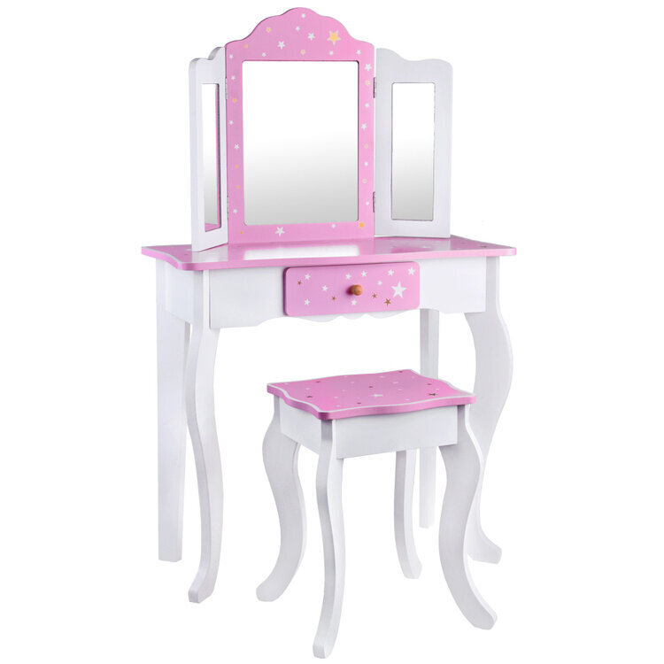 Didelis medinis grožio staliukas su veidrodžiu ir kėdute kaina ir informacija | Žaislai mergaitėms | pigu.lt