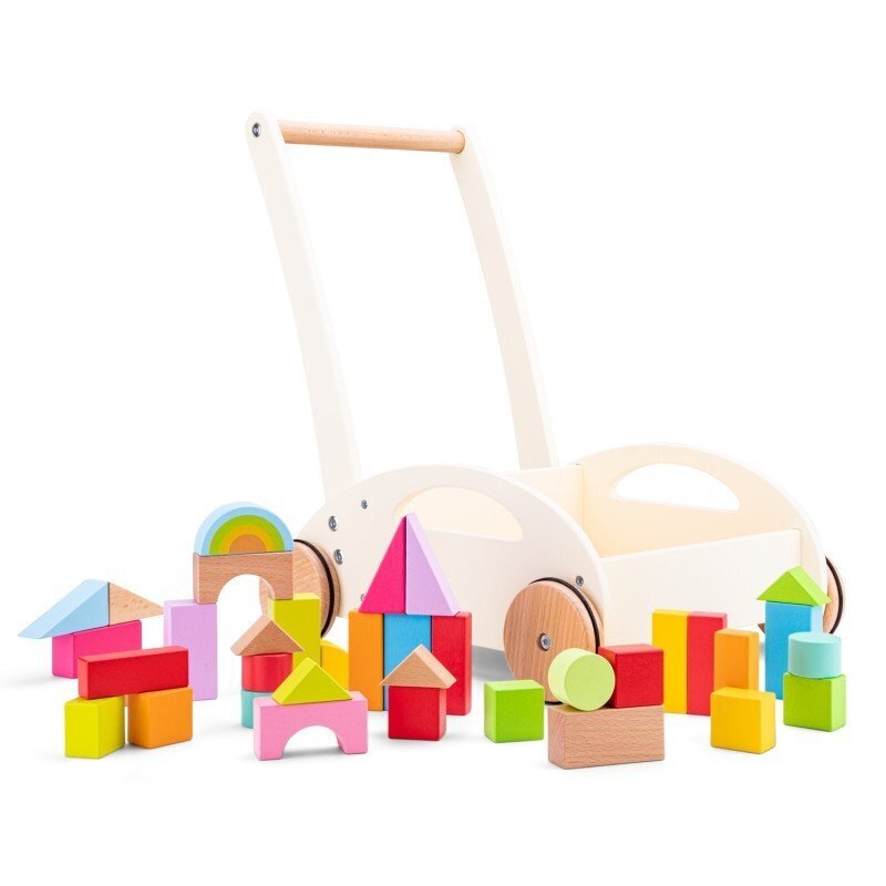 Medinis vežimėlis vaikštukas su kaladėlėmis kaina ir informacija | Žaislai kūdikiams | pigu.lt
