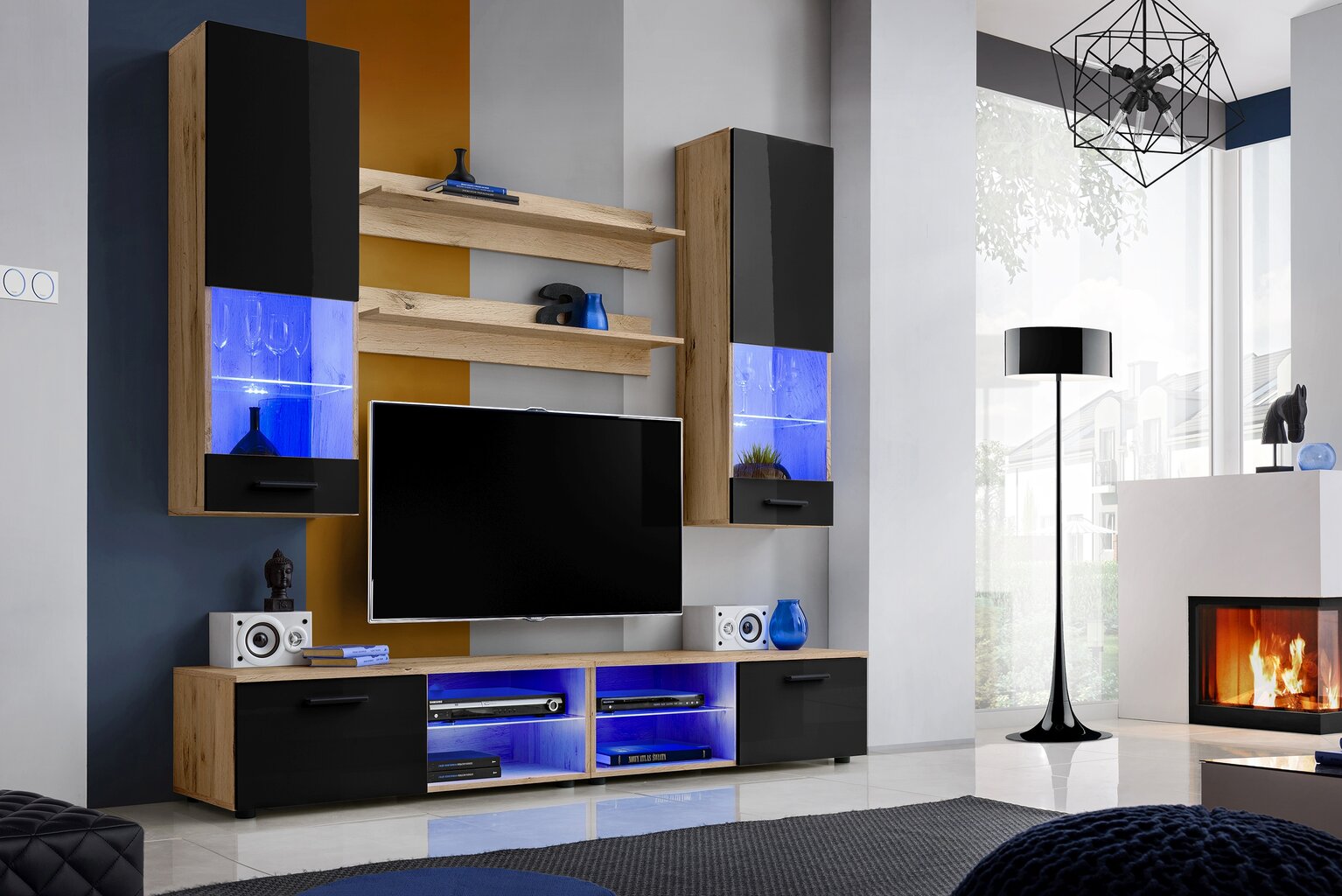 Svetainės baldai su 2 TV spintelėmis, 2 sieniniais blokais ir 2 lentynomis, Sekcija, Extreme Furniture, Vida, Wotan karkasas ir juodi priekiai kaina ir informacija | Sekcijos | pigu.lt