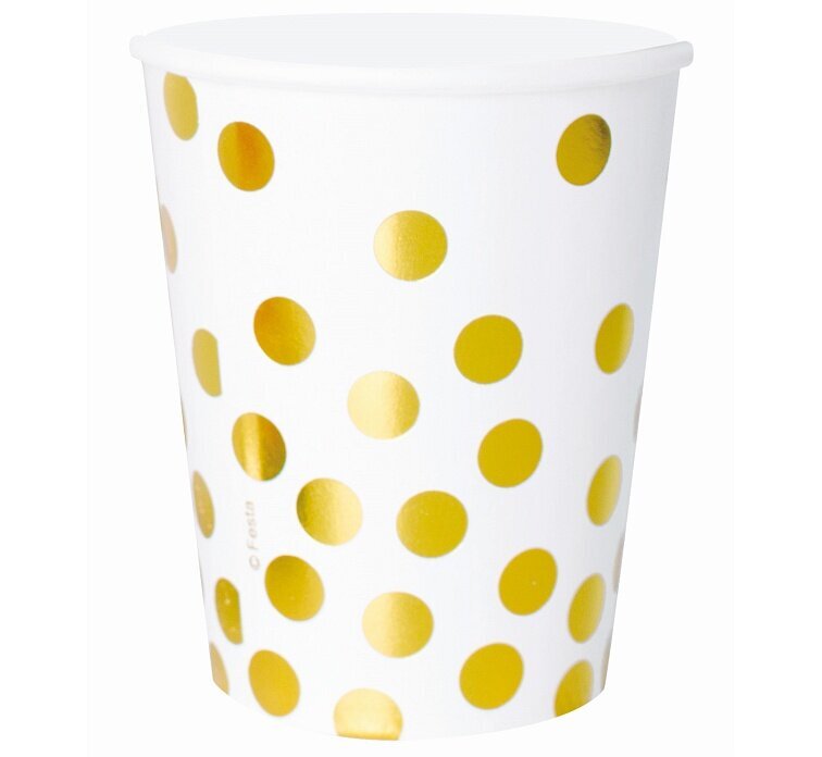 Vienkartiniai popieriniai puodeliai "Gold dots", balti, 270 ml, 6 vnt (PF-KPZGB) 1712 kaina ir informacija | Vienkartiniai indai šventėms | pigu.lt